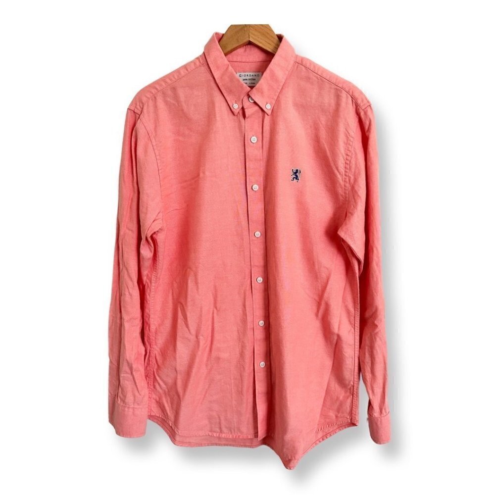Giordano Men's Long Sleeve Button Down Cotton Shirt Slim Size Large Lion Logo